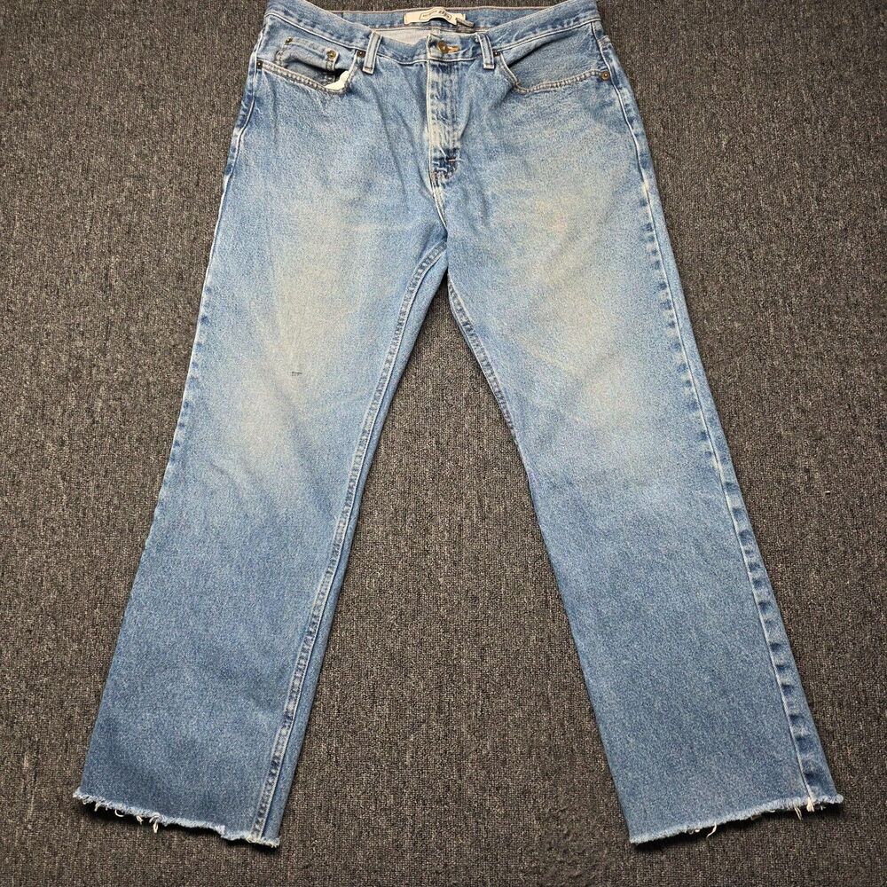 Urban Up Blue Denim Jeans Mens 36 Straight Fit 100% Cotton Distressed Raw Hem